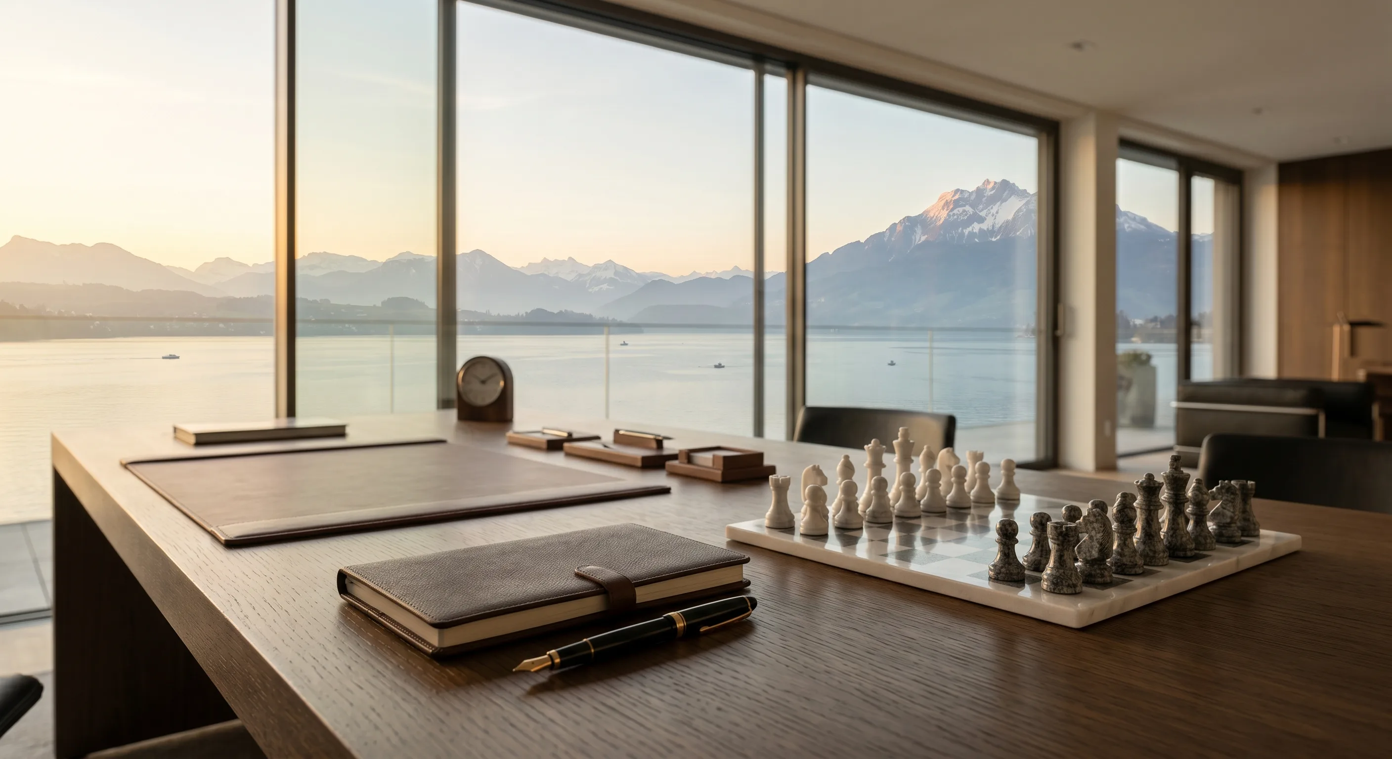 Eleganter Schreibtisch mit Lederbuch, Füllfeder und Marmor-Schachspiel vor Panoramafenster mit See und verschneitem Berg — KI-generiert (Google Gemini 3.5)
